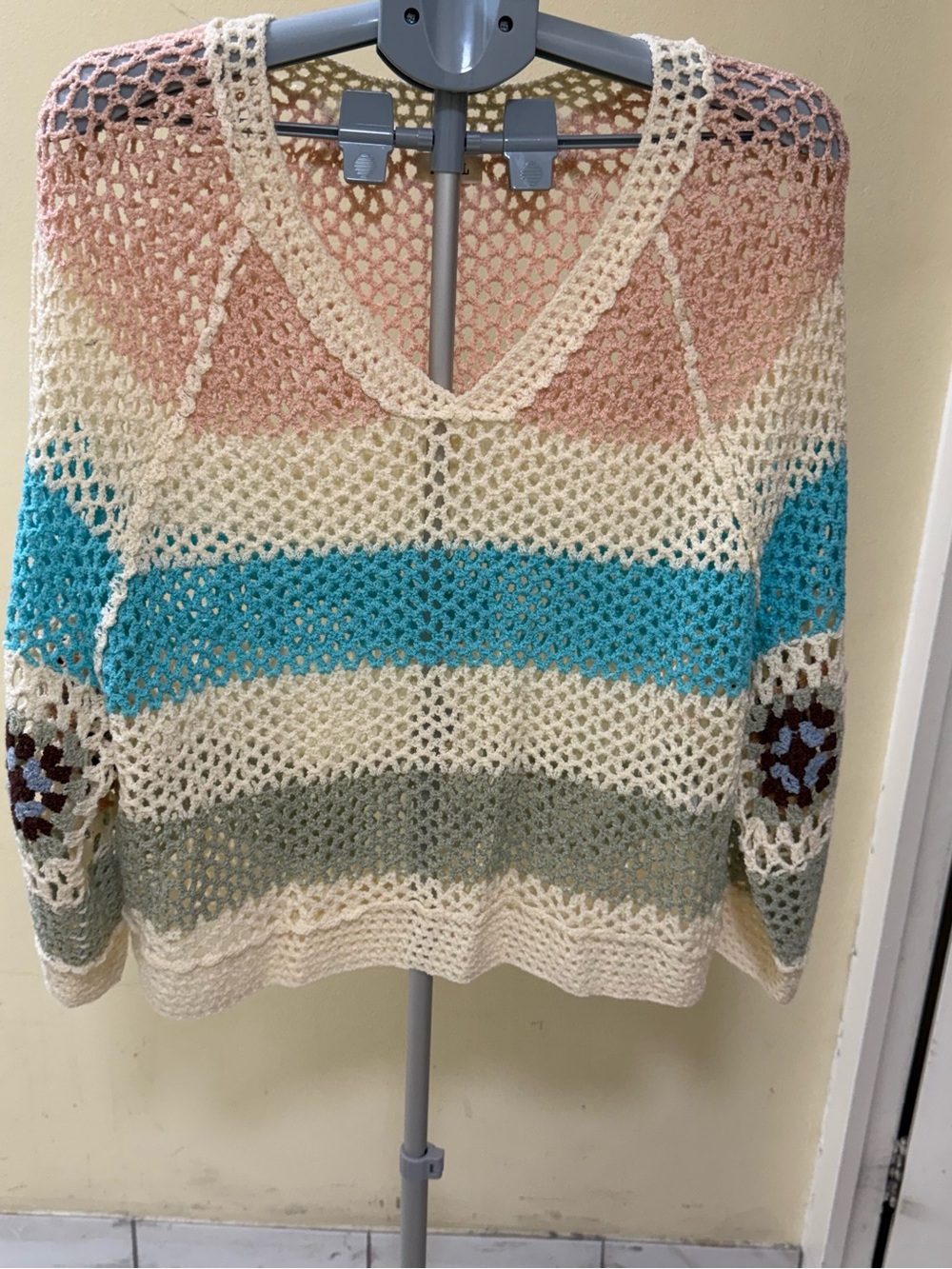 POL Crochet V-Neck Stripe Sweater in Cream, Turquoise & Blush